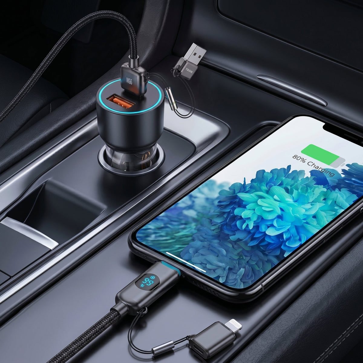 Tron car charger and phone in a car centre console