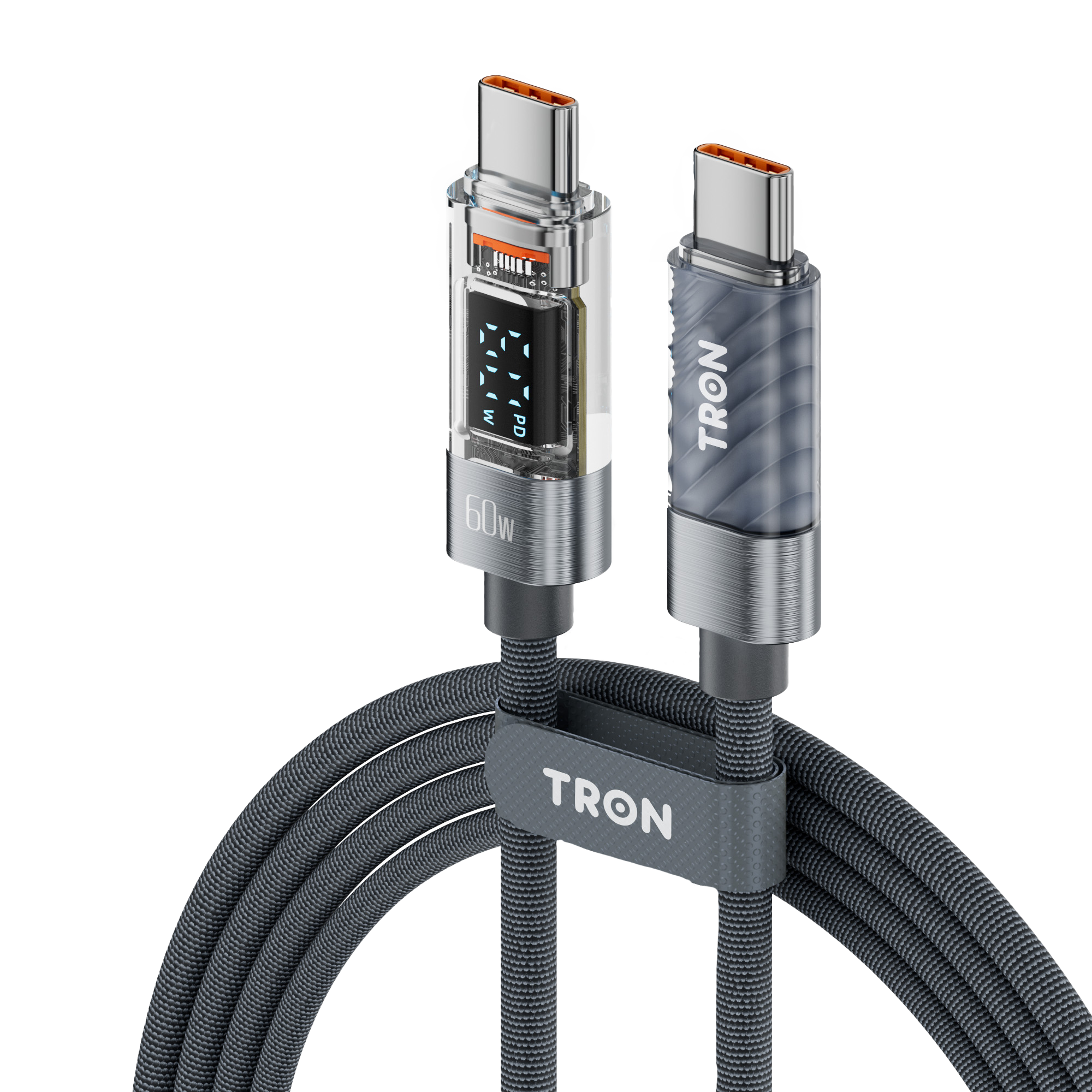 60W Transparent USB-C to USB-C Charging Cable with Digital Display | 5FT