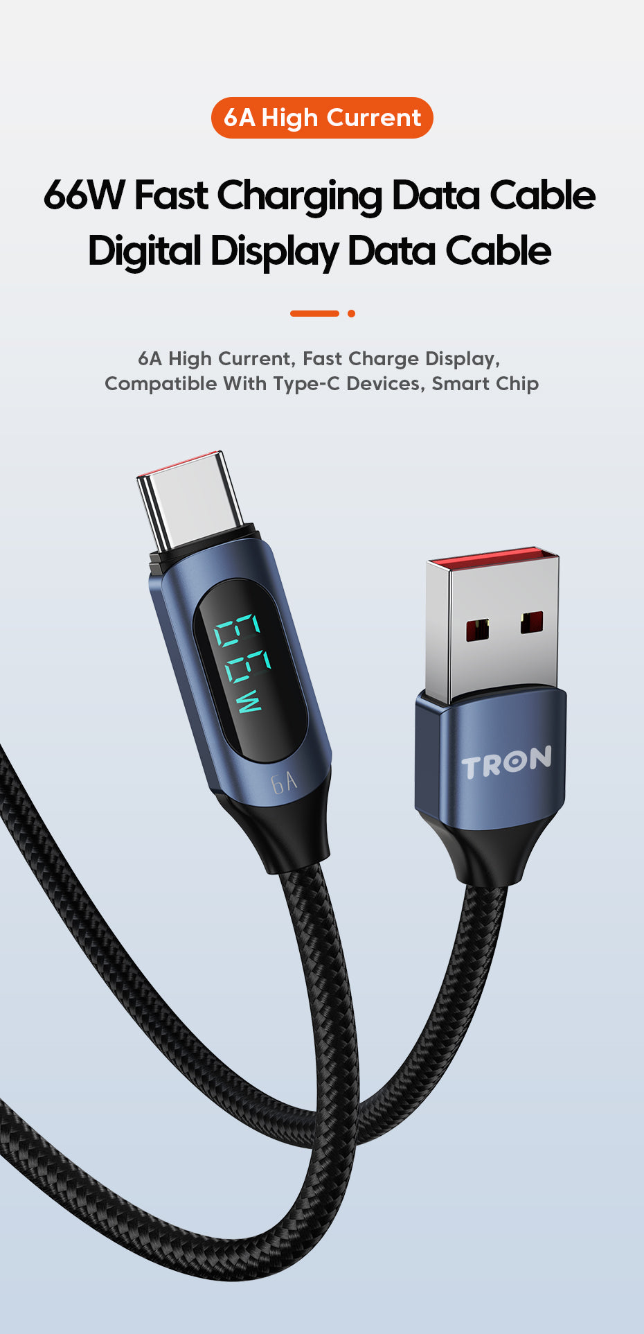 USB A-C Digital Display Braided Charging Cable 6A | 5FT