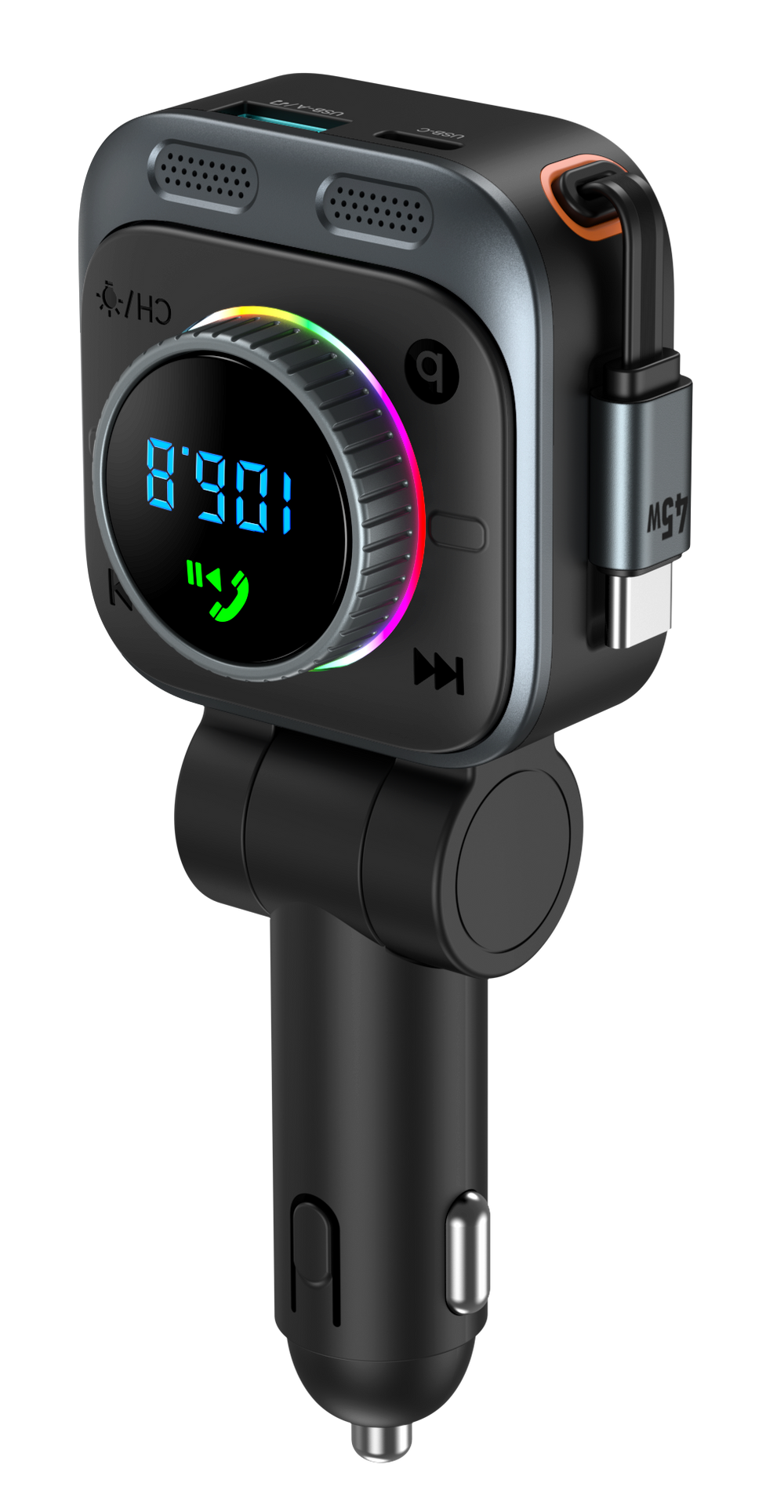 TRON 72W Bluetooth FM Transmitter — 45W PD Fast Charging, Retractable USB-C