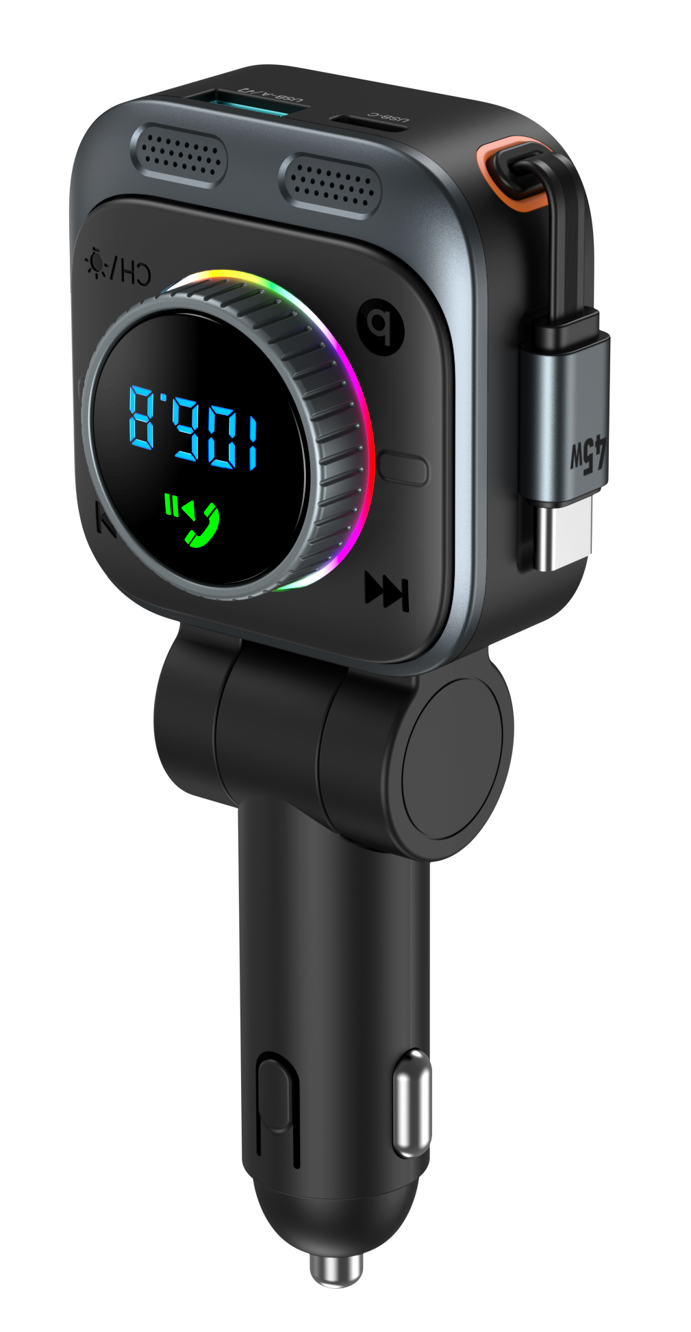 72W Bluetooth FM Transmitter | 45W PD Fast Charging | Retractable USB-C