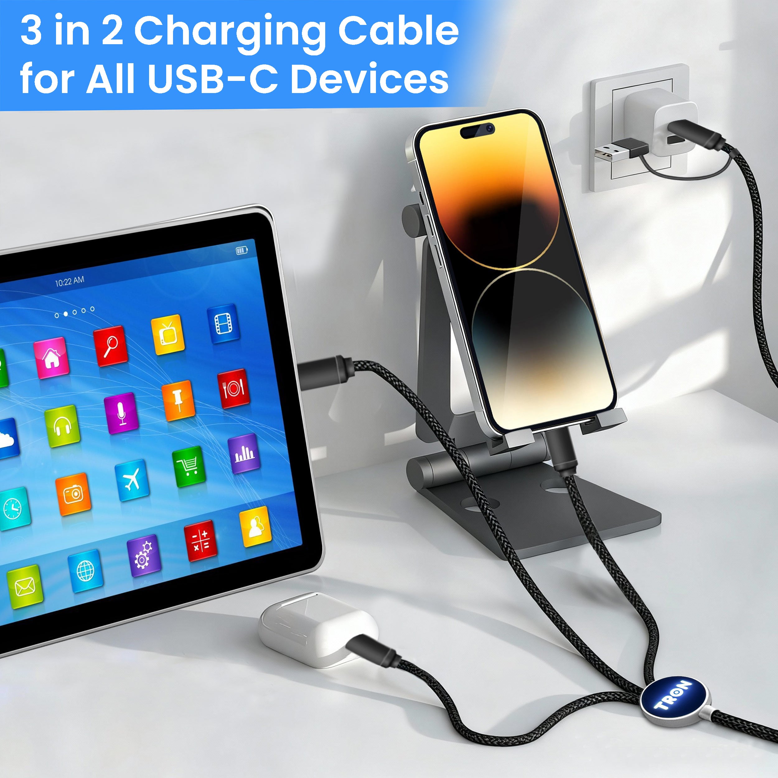 3 in 2 Braided Charging Cable - 4FT, with LED Light