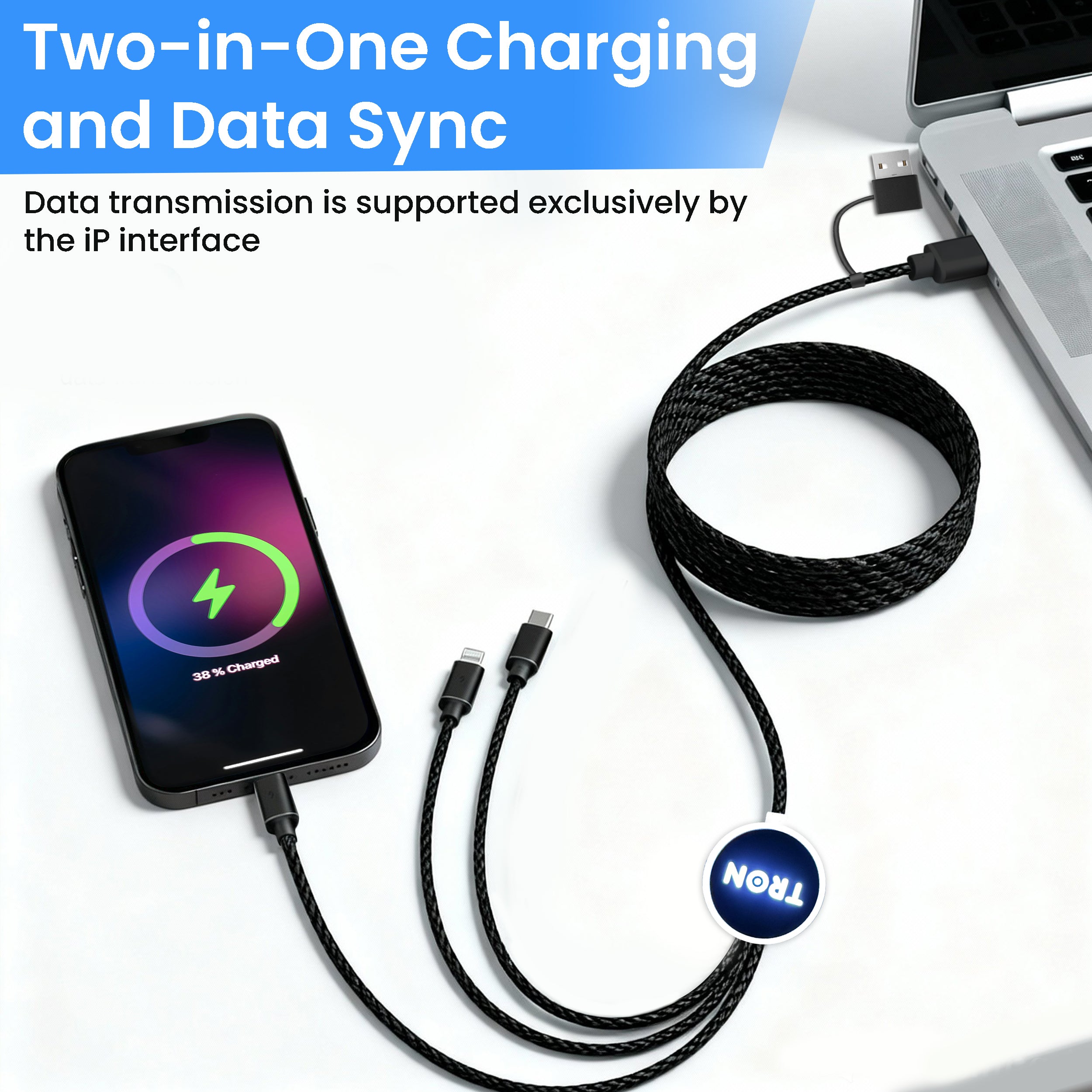 3 in 2 Braided Charging Cable - 4FT, with LED Light