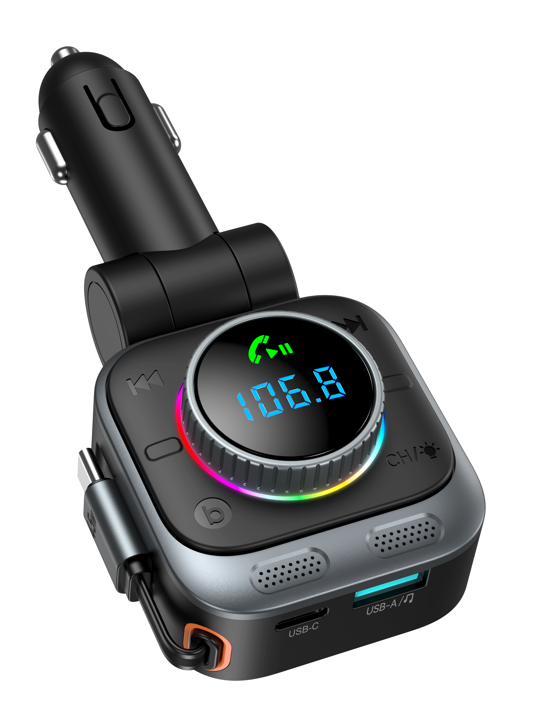 72W Bluetooth FM Transmitter | 45W PD Fast Charging | Retractable USB-C