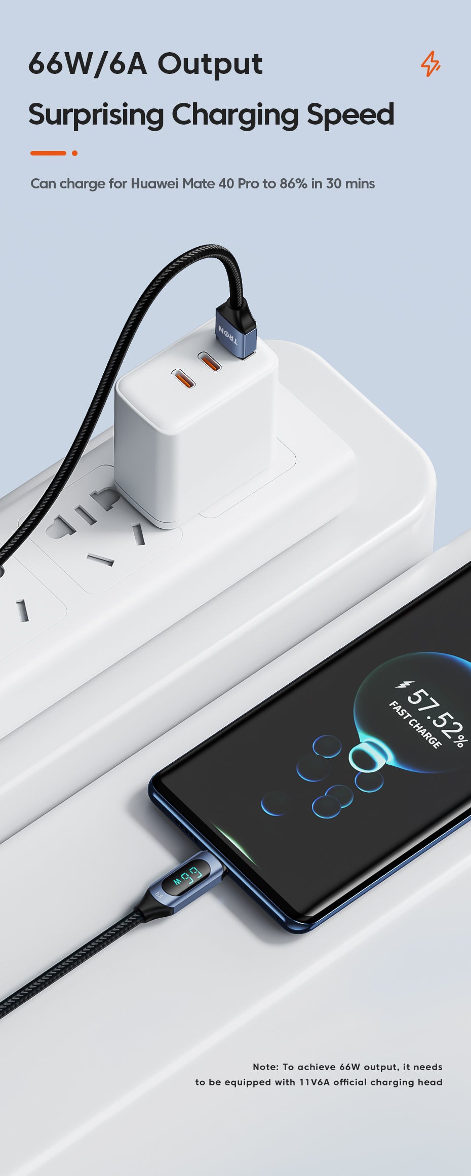 TRON USB-A to USB-C Braided Cable 6A — Digital Display, Fast Charging (view 3)