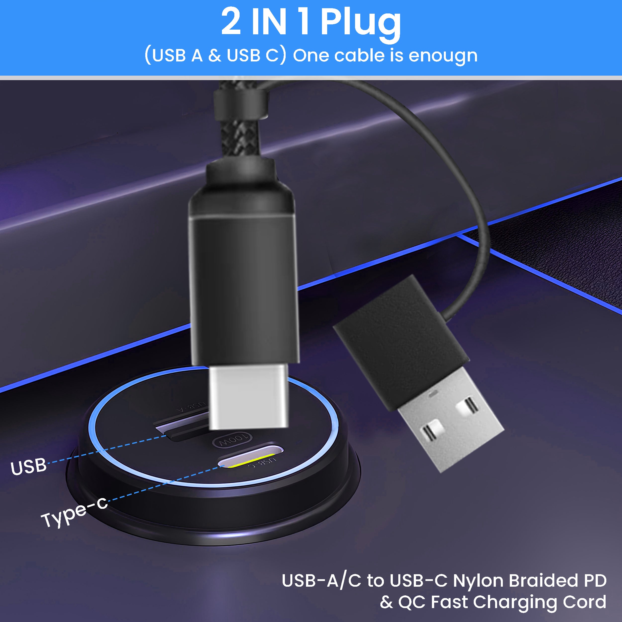 3 in 2 Braided Charging Cable - 4FT, with LED Light