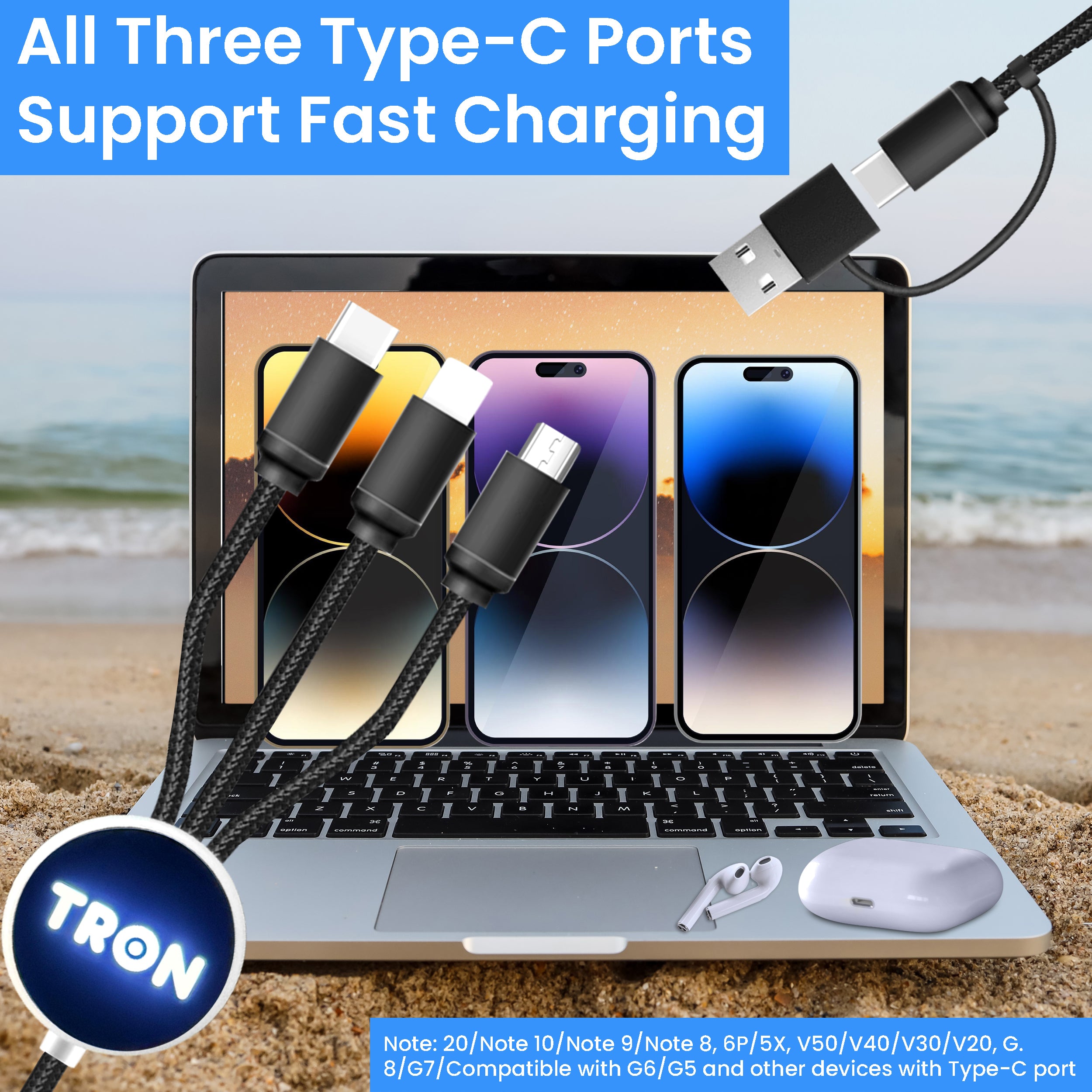 3 in 2 Braided Charging Cable - 4FT, with LED Light