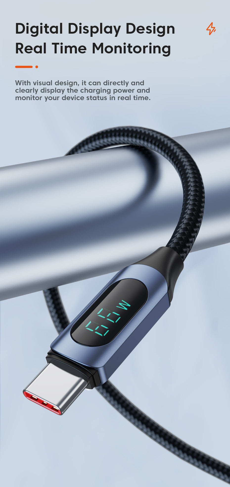 TRON USB-A to USB-C Braided Cable 6A — Digital Display, Fast Charging (view 4)