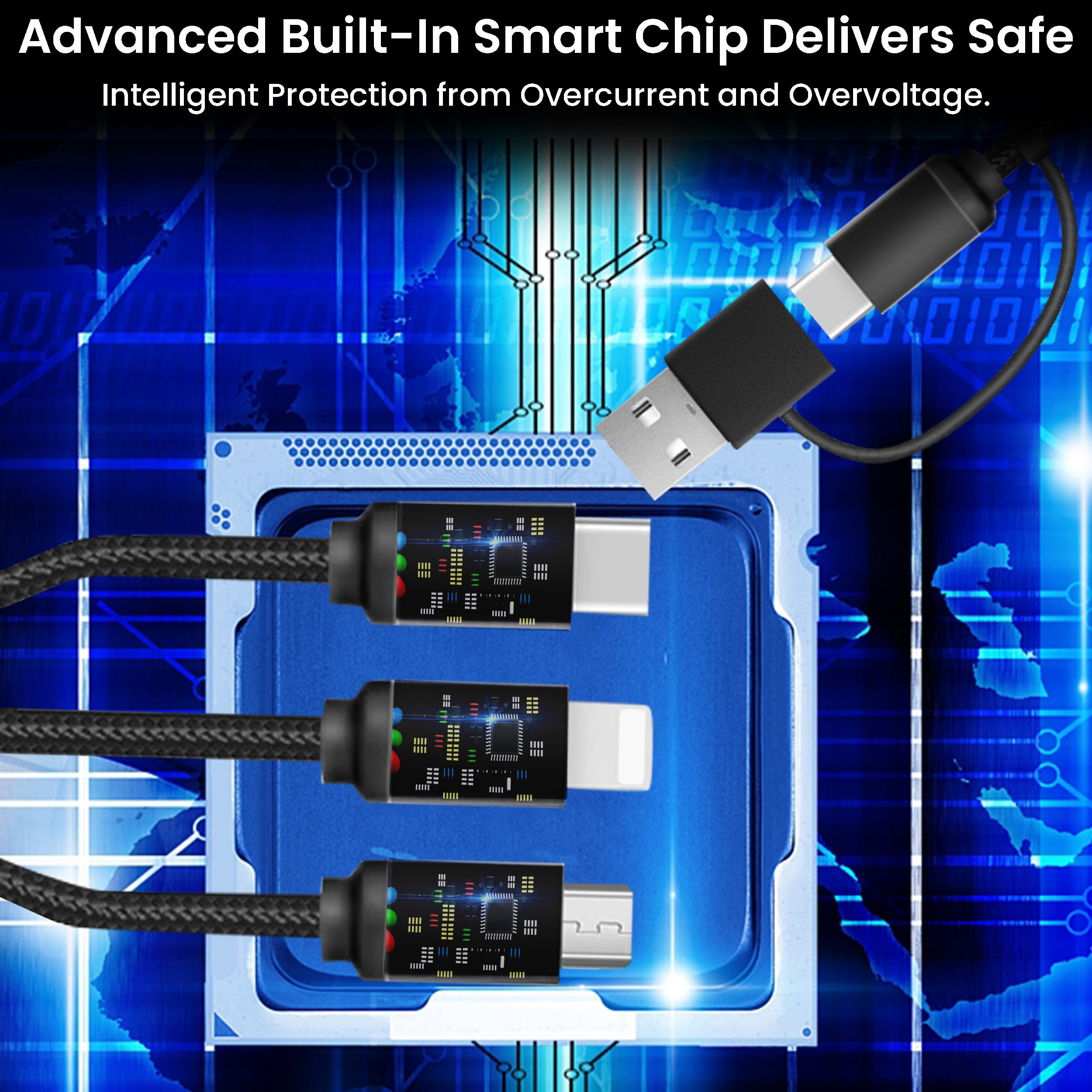 3 in 2 Braided Charging Cable - 4FT, with LED Light