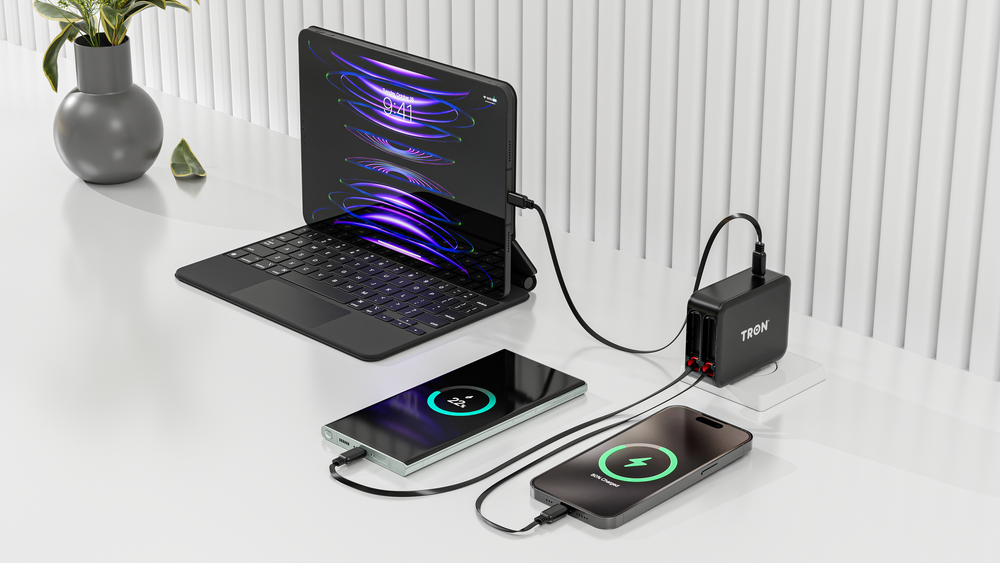 TRON 3-in-1 Fast Charging Wall Adapter — Built-in USB-C & Lightning Cables (view 2)