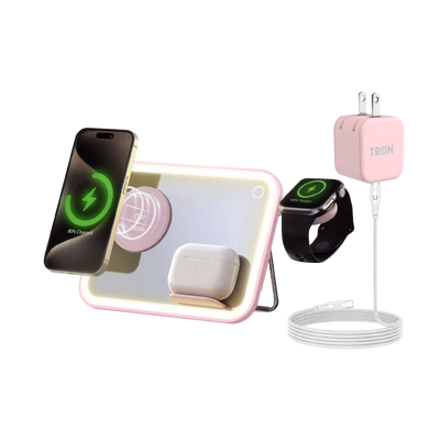 TRON 3-in-1 Wireless Charger with Mirror — Phone, Earbuds & Smartwatch, Pink