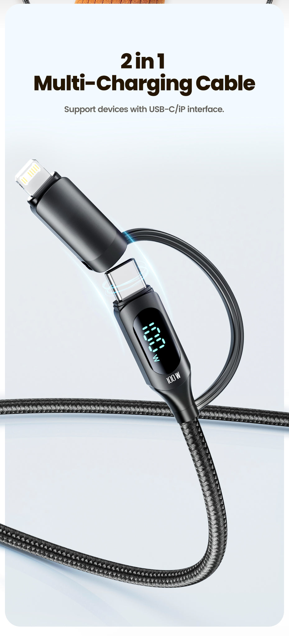 TRON 2-in-1 USB-C to USB-A/C Braided Cable 100W — LED Display (view 5)