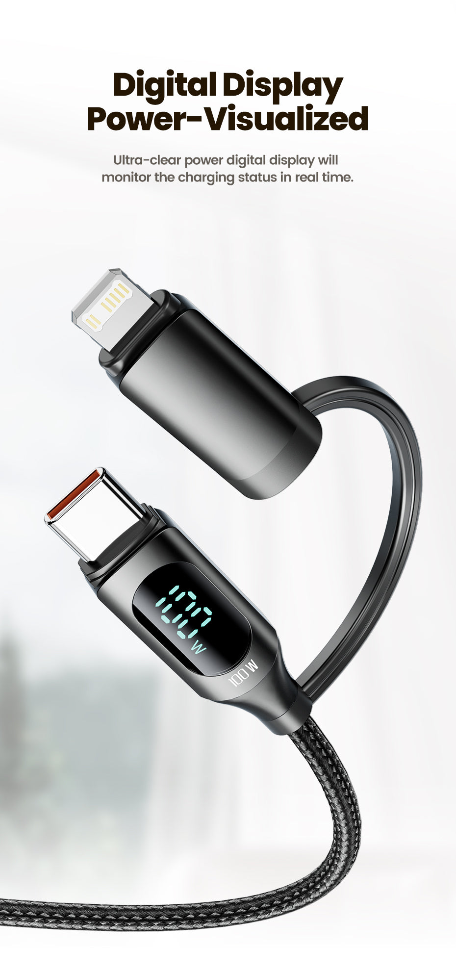 2-in-1 USB-C to A-C Braided Cable | 100W LED Display 5FT