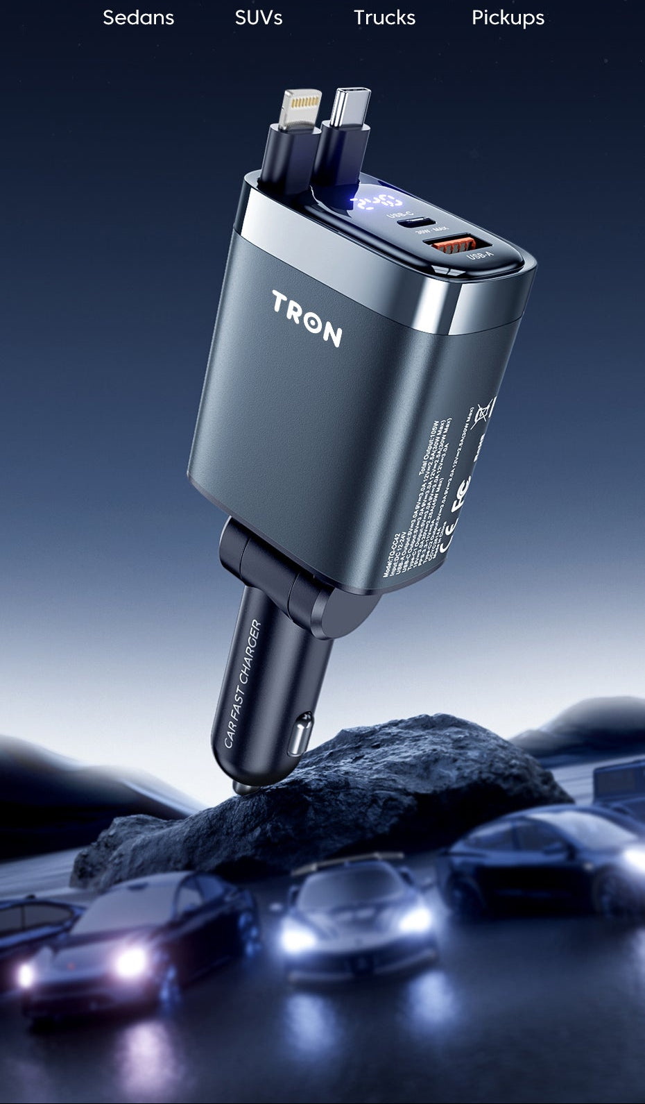 TRON 105W 4-in-1 Car Charger — Dual Retractable USB-C & USB-A Cables (view 10)