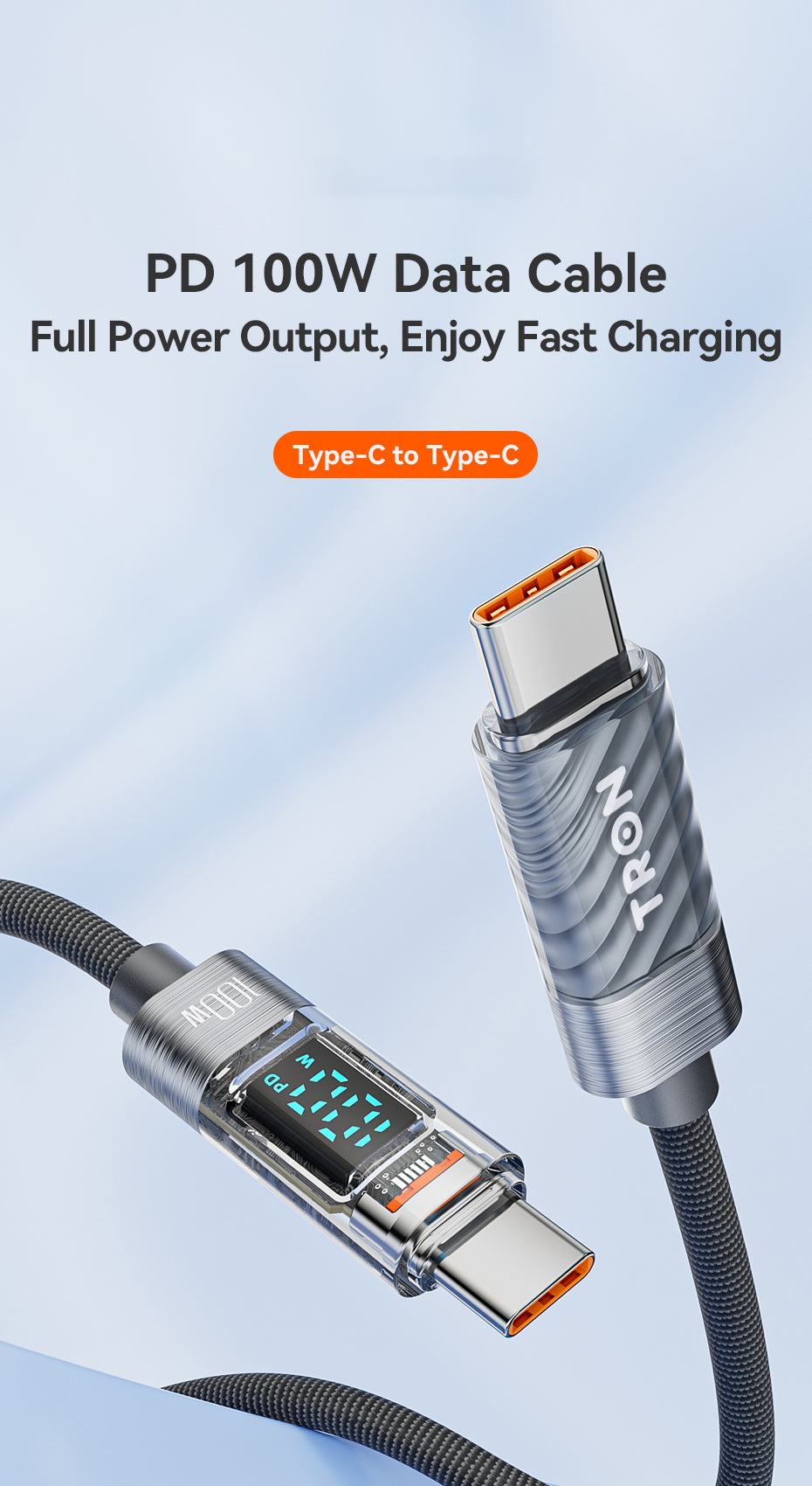 60W Transparent USB-C to USB-C Charging Cable with Digital Display | 5FT