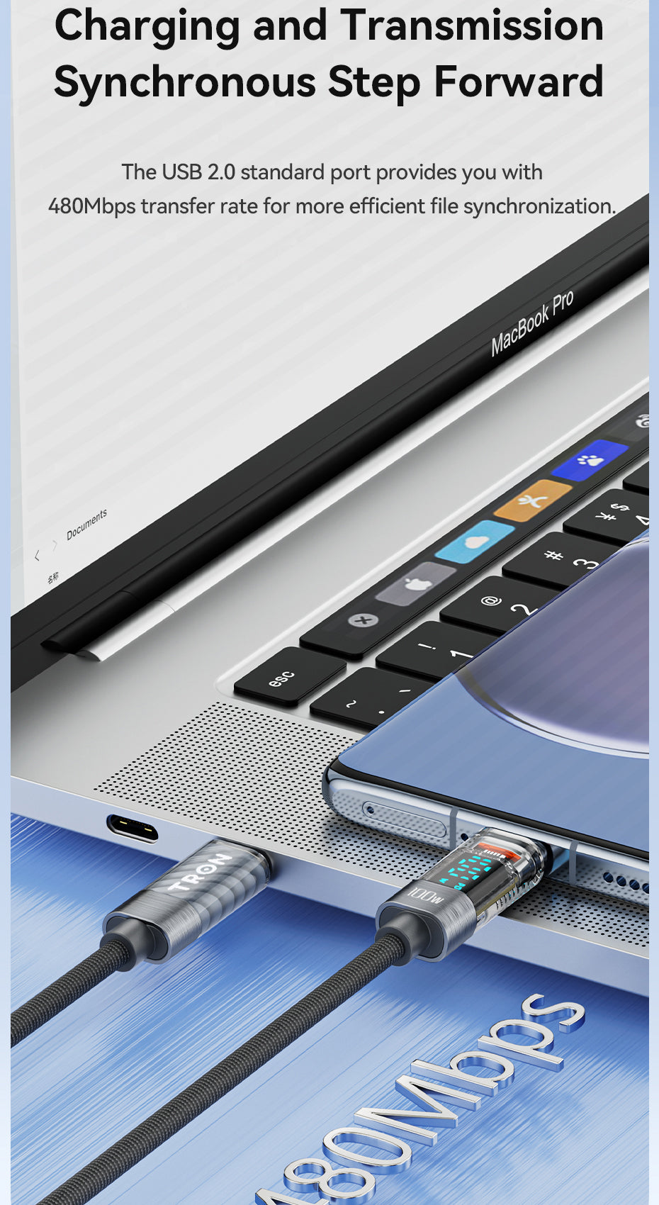 60W Transparent USB-C to USB-C Charging Cable with Digital Display | 5FT