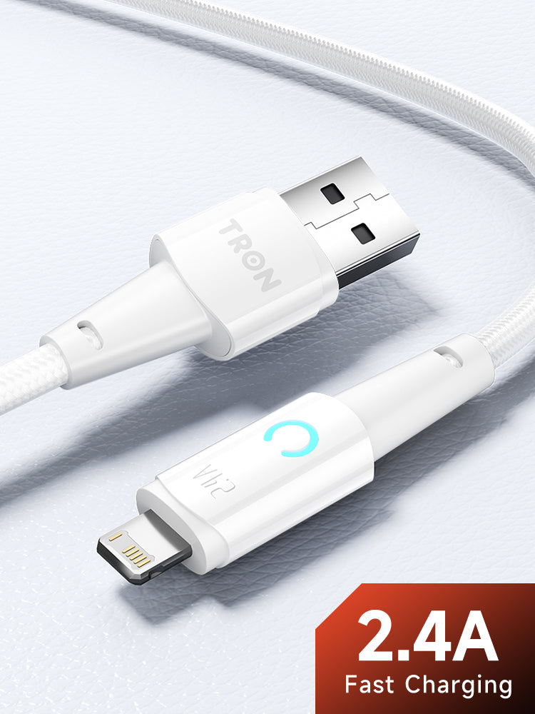 TRON USB-A to Lightning Braided Cable — Fast Charging, White (view 4)