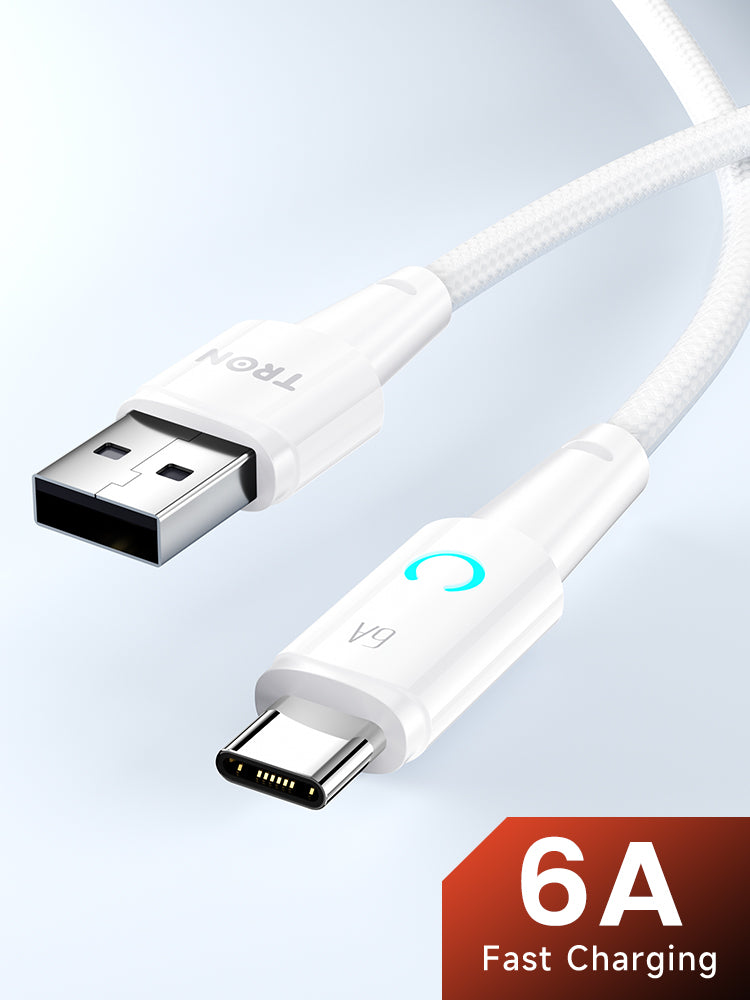 TRON USB-A to USB-C Braided Cable 6A — Fast Charging, White (view 3)