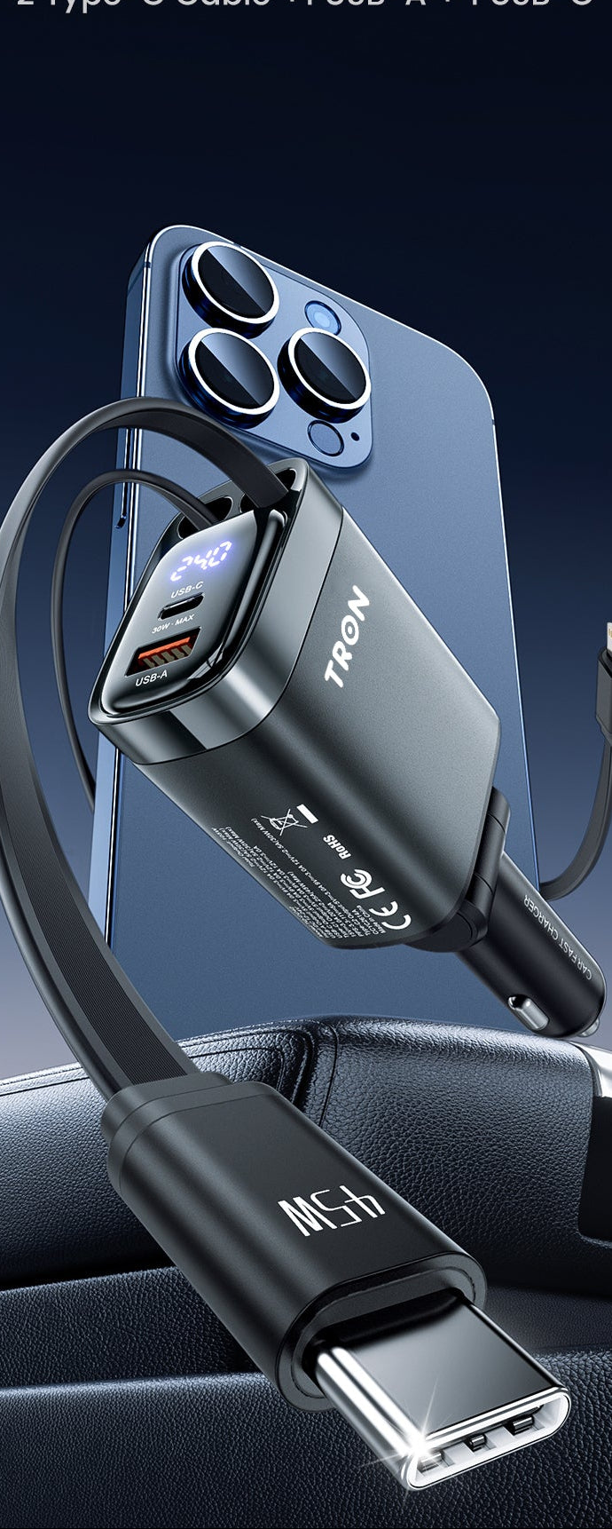 TRON 105W 4-in-1 Car Charger — Dual Retractable USB-C & USB-A Cables (view 8)