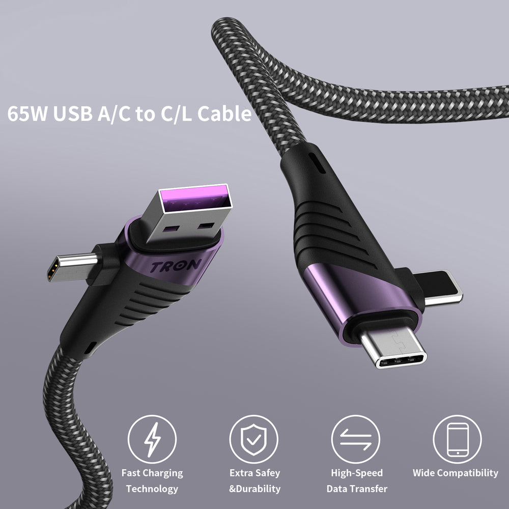 TRON 4-in-1 Braided Charging Cable 65W — USB-C/A to Lightning/USB-C (view 6)