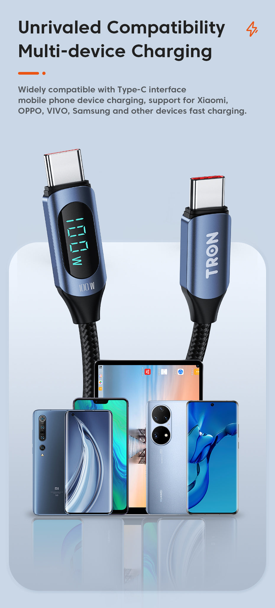 TRON USB-C to USB-C Braided Cable 100W — Digital Display, PD Fast Charging (view 3)