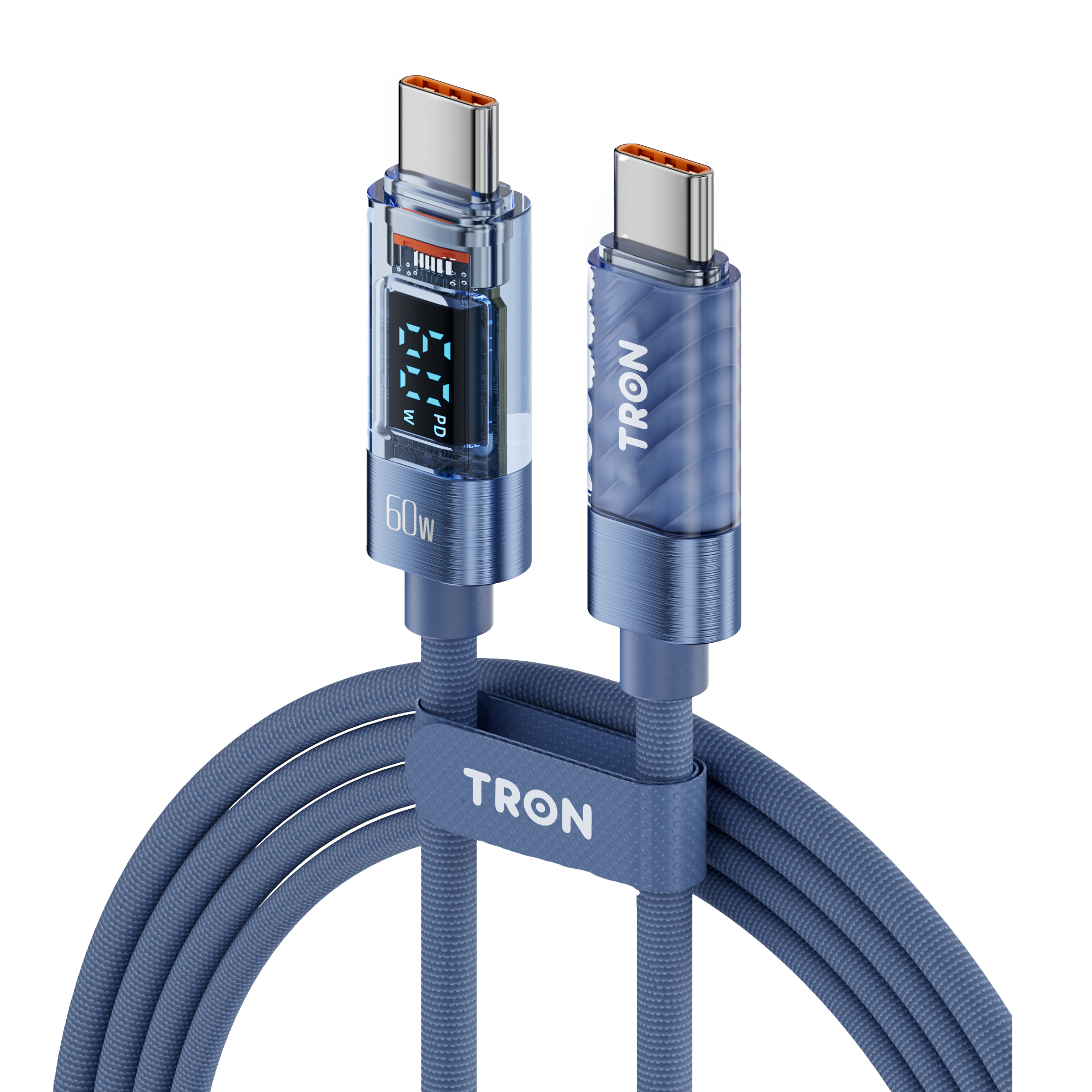 60W Transparent USB-C to USB-C Charging Cable with Digital Display | 5FT