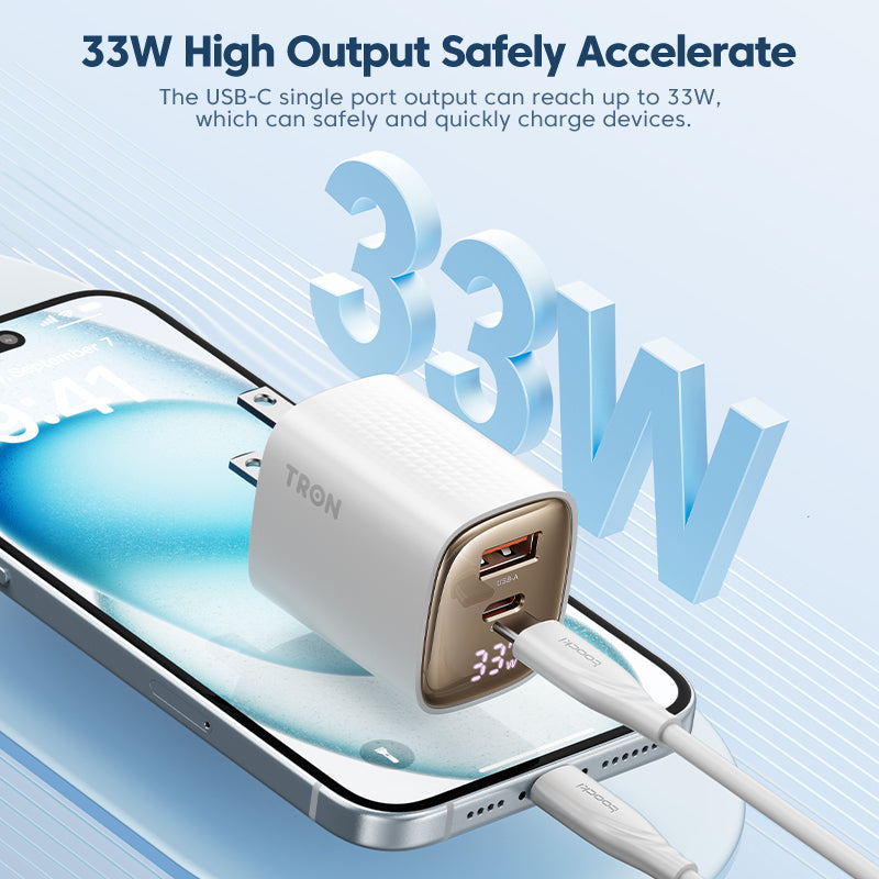 TRON 33W GaN Power Adapter — Dual USB-C + USB-A, PD Fast Charging (view 2)