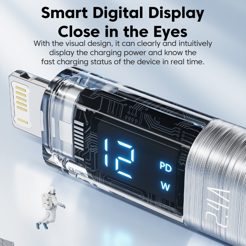 2.4 A USB-A to Lightning Transparent Charging Cable With Digital Display | 5FT