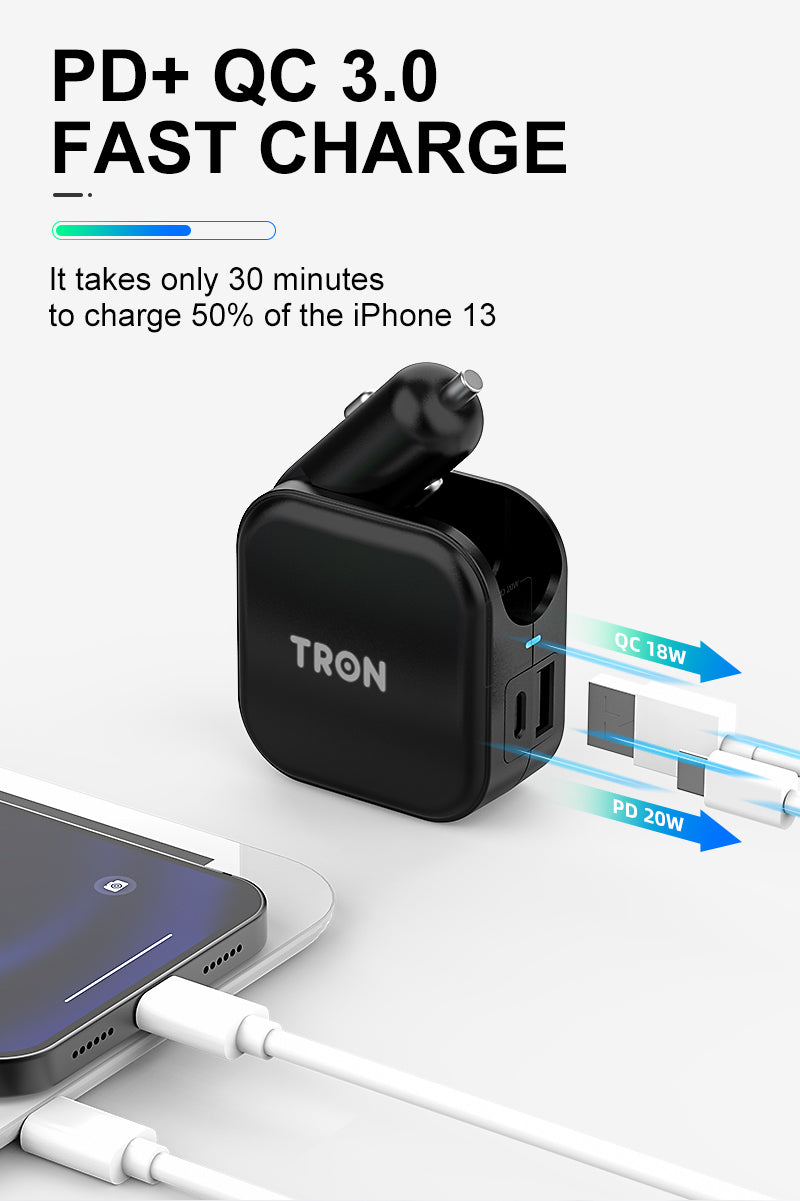 TRON 30W Car & Wall Charger — Dual USB-C + USB-A, USA Plug (view 3)