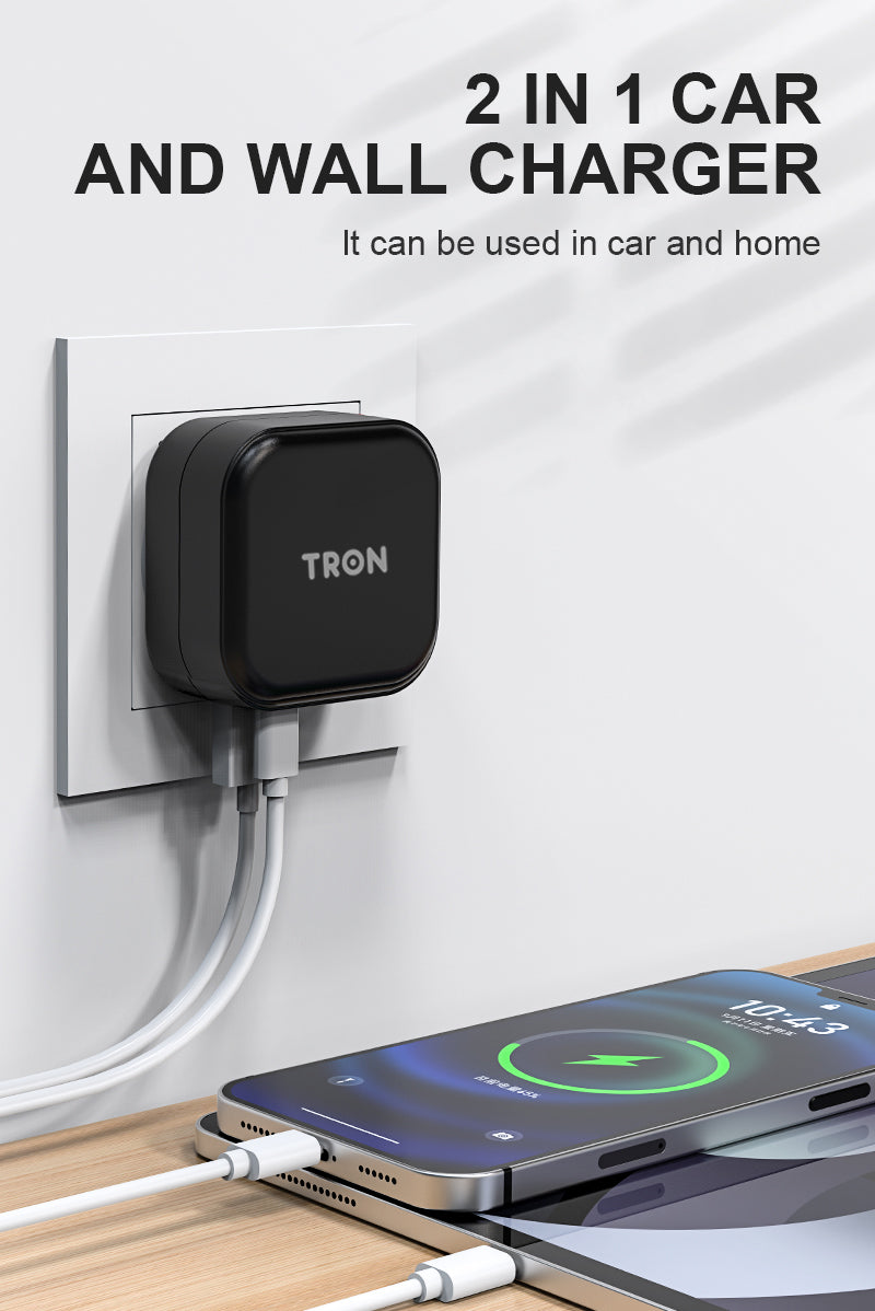 TRON 30W Car & Wall Charger — Dual USB-C + USB-A, USA Plug (view 2)