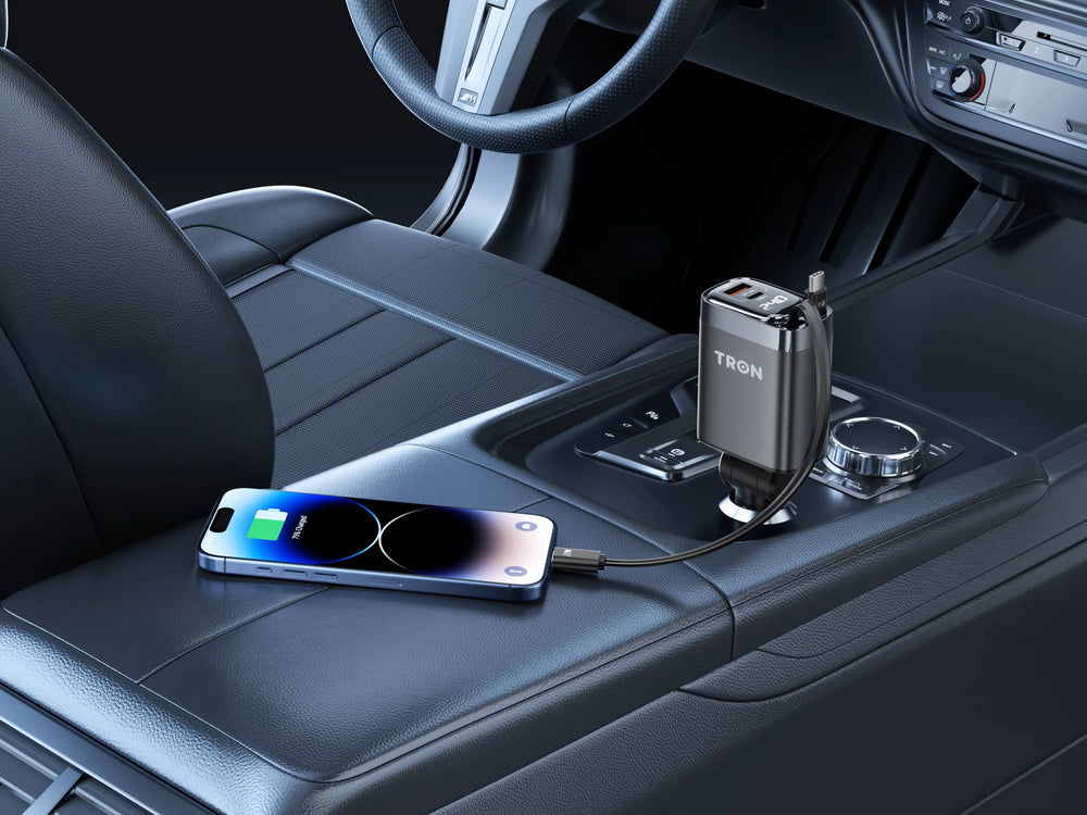TRON 105W 4-in-1 Car Charger — Dual Retractable USB-C & USB-A Cables (view 2)