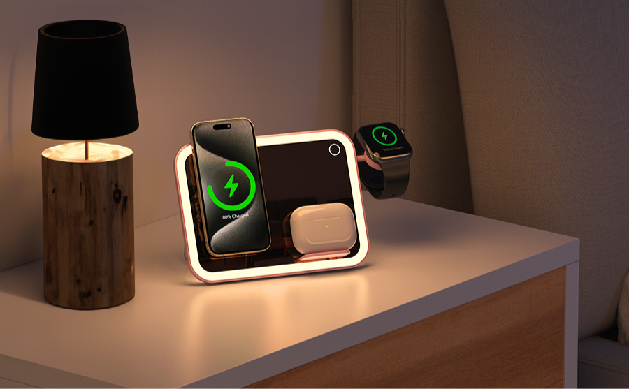 TRON 3-in-1 Wireless Charger with Mirror — Phone, Earbuds & Smartwatch, Pink (view 5)