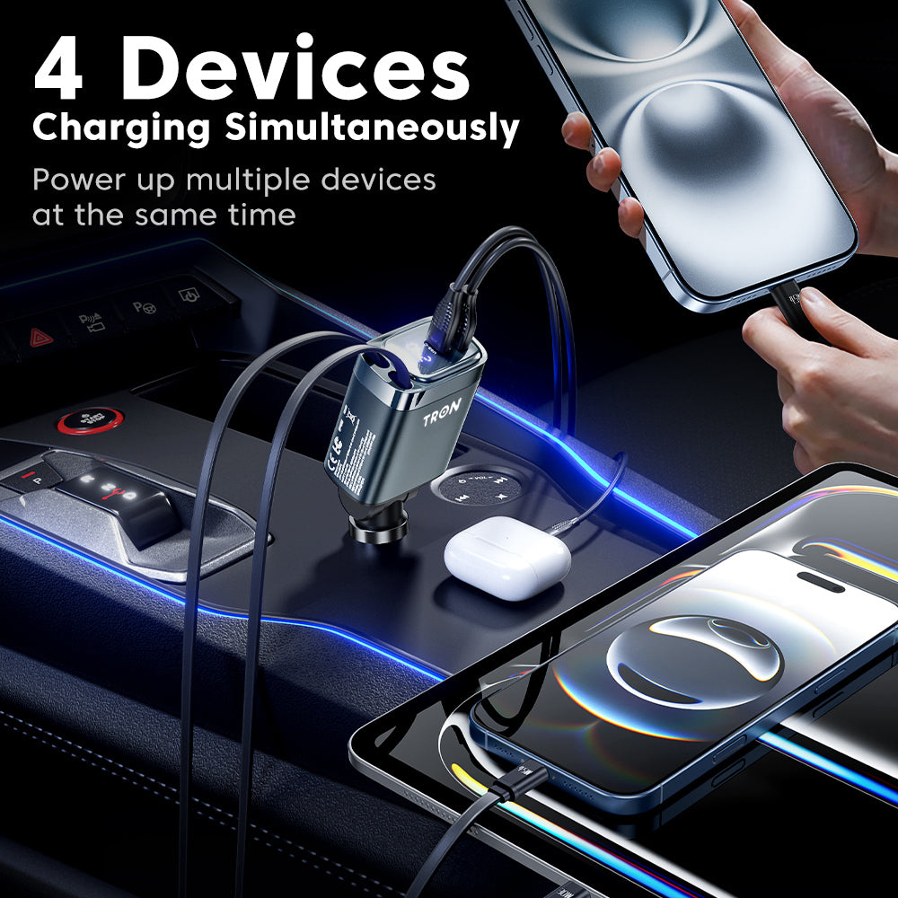TRON 105W 4-in-1 Car Charger — Dual Retractable USB-C & USB-A Cables (view 7)