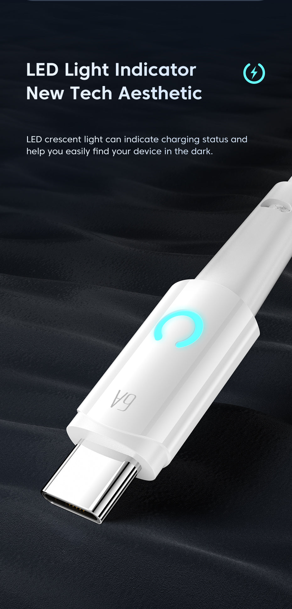 TRON USB-A to USB-C Braided Cable 6A — Fast Charging, White (view 4)