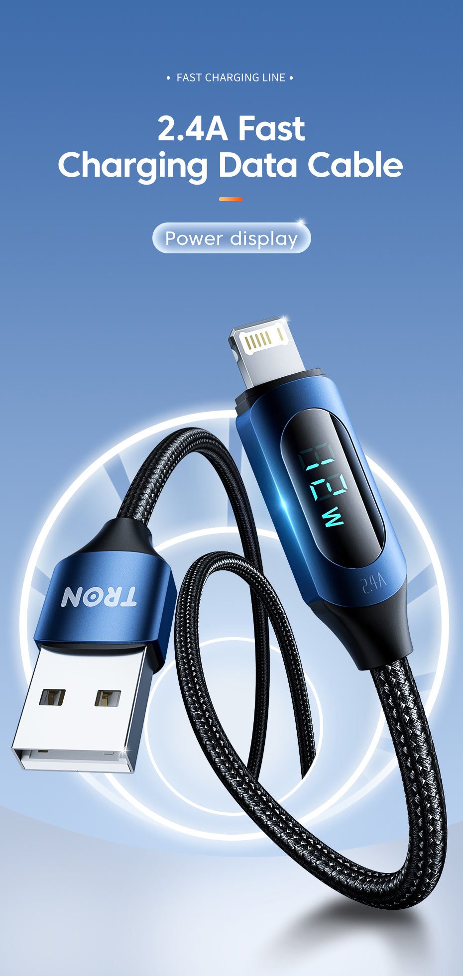 USB A-Lightning Digital Display Braided Charging Cable 2.4A | 5FT