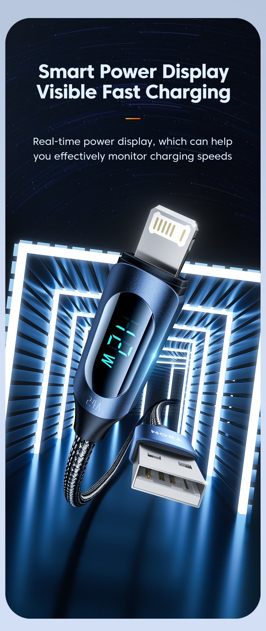 TRON USB-A to Lightning Braided Cable 2.4A — Digital Display, Fast Charging (view 3)