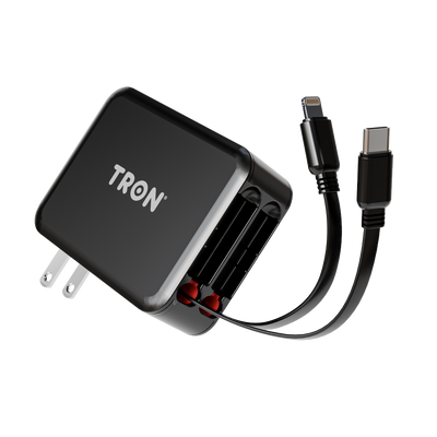 TRON 3-in-1 Fast Charging Wall Adapter — Built-in USB-C & Lightning Cables