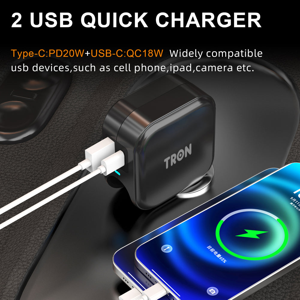 TRON 30W Car & Wall Charger — Dual USB-C + USB-A, USA Plug (view 6)