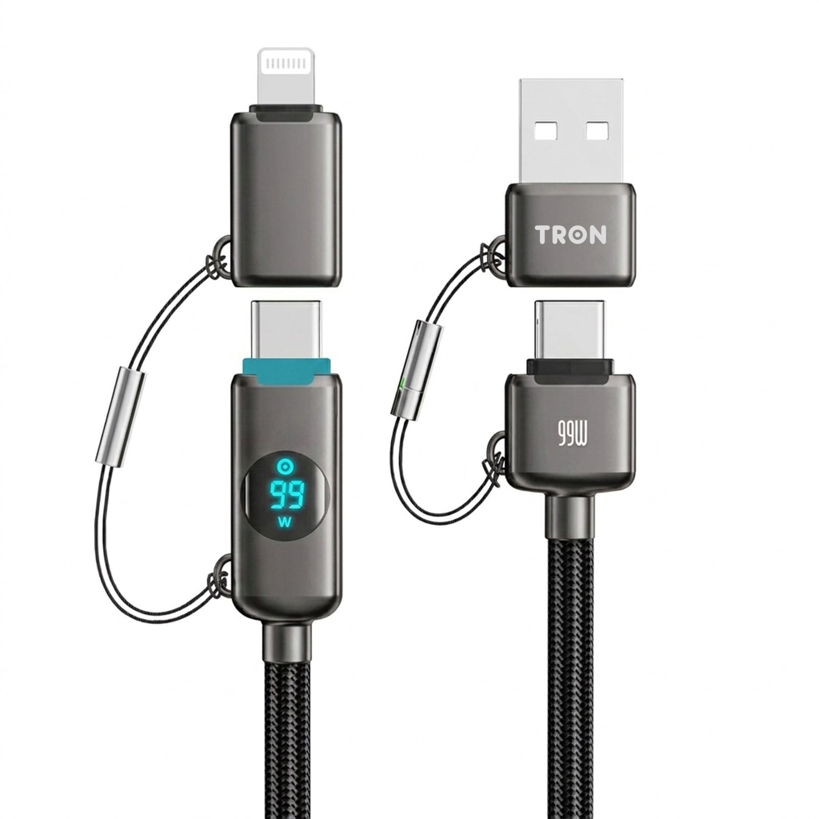 99W 4-in-1 Fast Charging Cable | USB-C/USB-A to USB-C/Lightning | Digital Display
