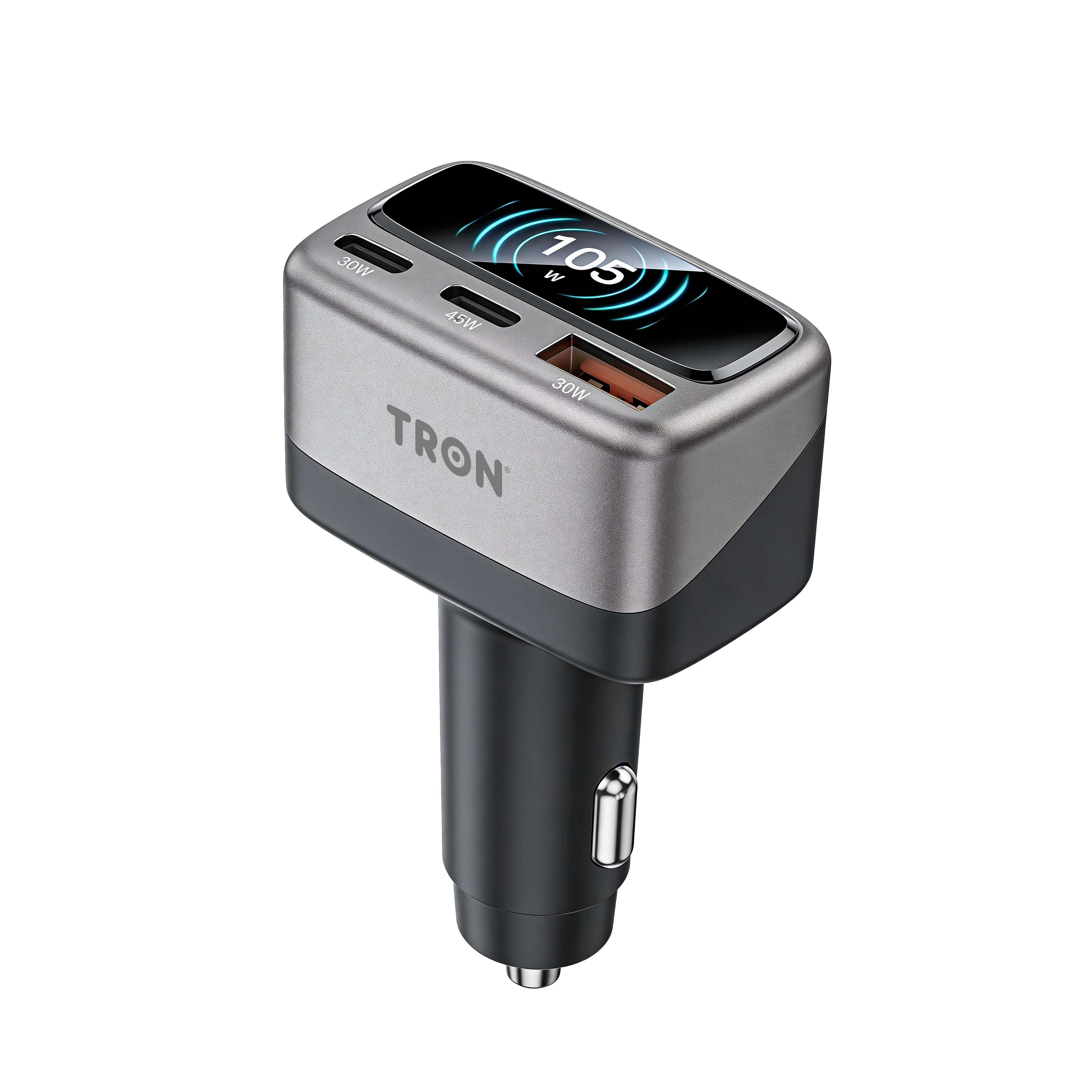 105W Digital Display Car Charger – 3-Port Fast Charging Hub (USB-C + USB-A)