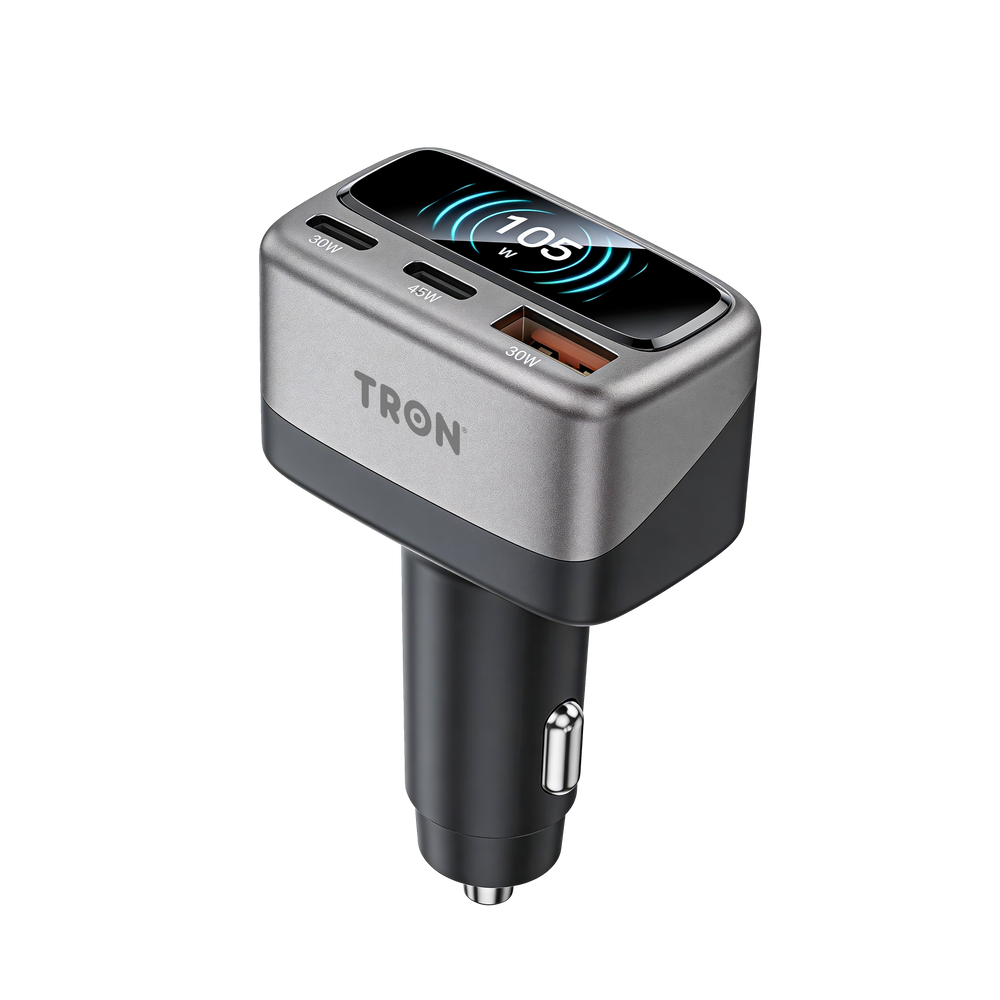TRON 105W Digital Display Car Charger — 3-Port USB-C + USB-A, Fast Charging Hub
