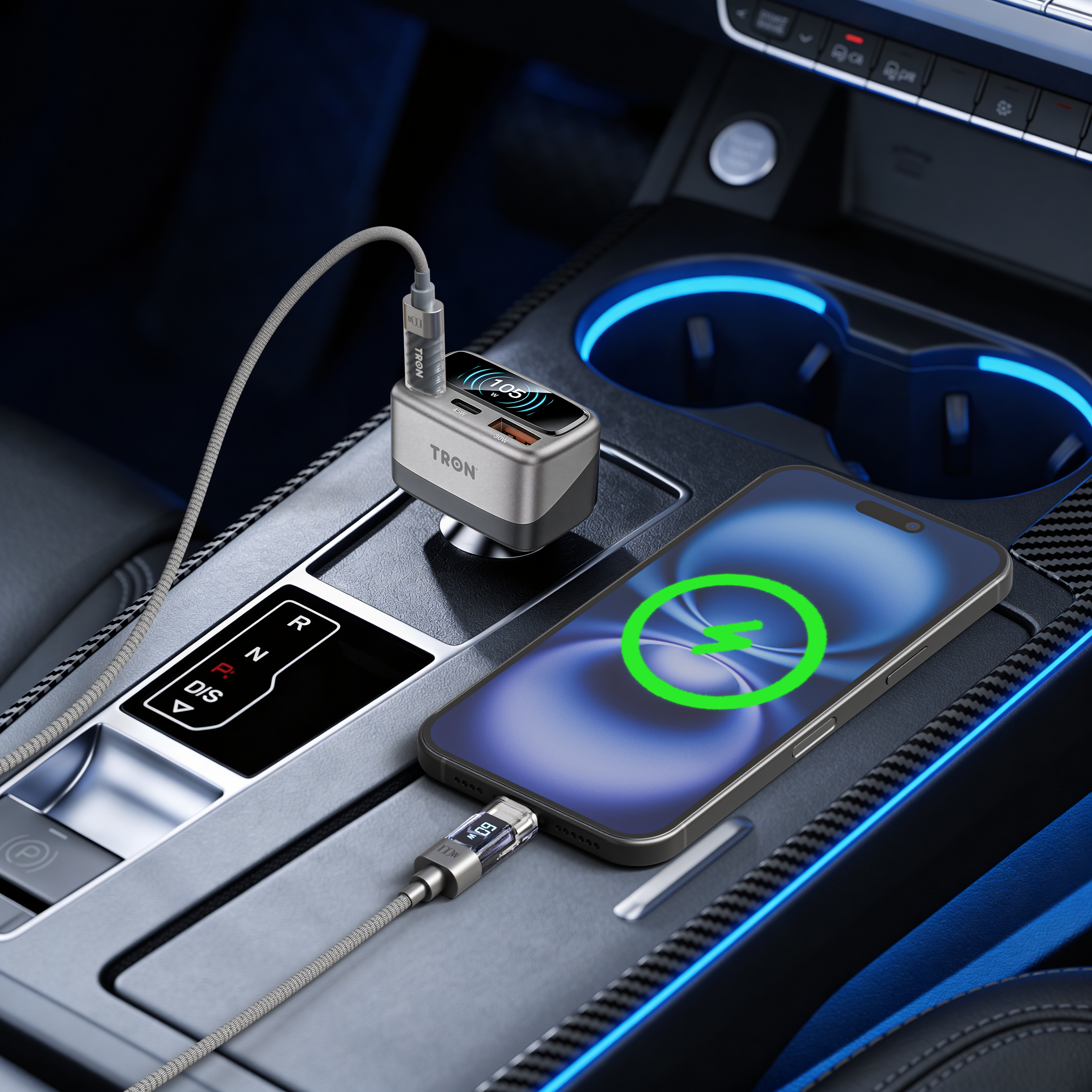 105W Digital Display Car Charger – 3-Port Fast Charging Hub (USB-C + USB-A)