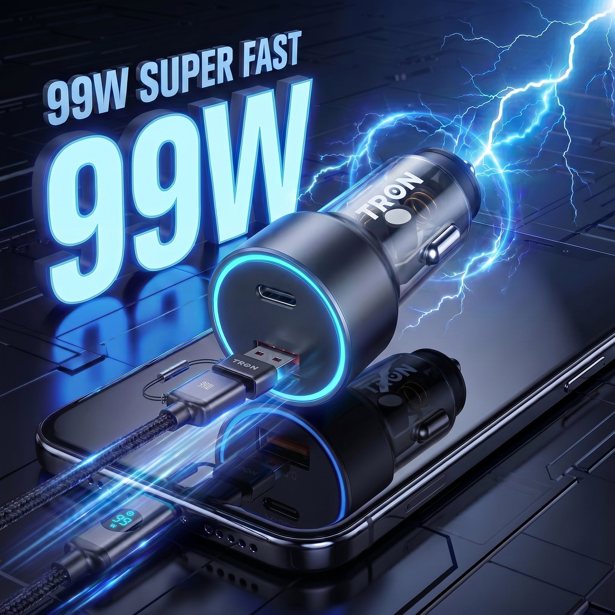 99W 4-in-1 Fast Charging Cable | USB-C/USB-A to USB-C/Lightning | Digital Display