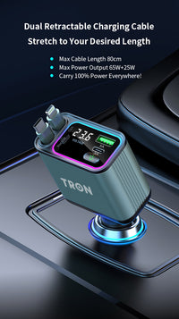 65W 4 in 1 Car Charger | Dual Retractable Cable