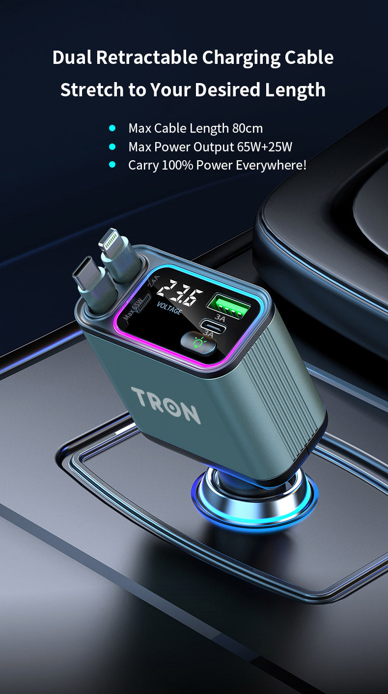 65W 4 in 1 Car Charger | Dual Retractable Cable