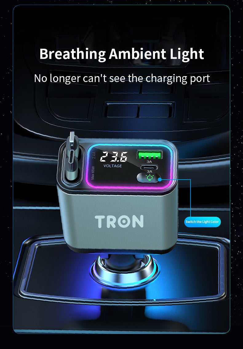 65W 4 in 1 Car Charger | Dual Retractable Cable