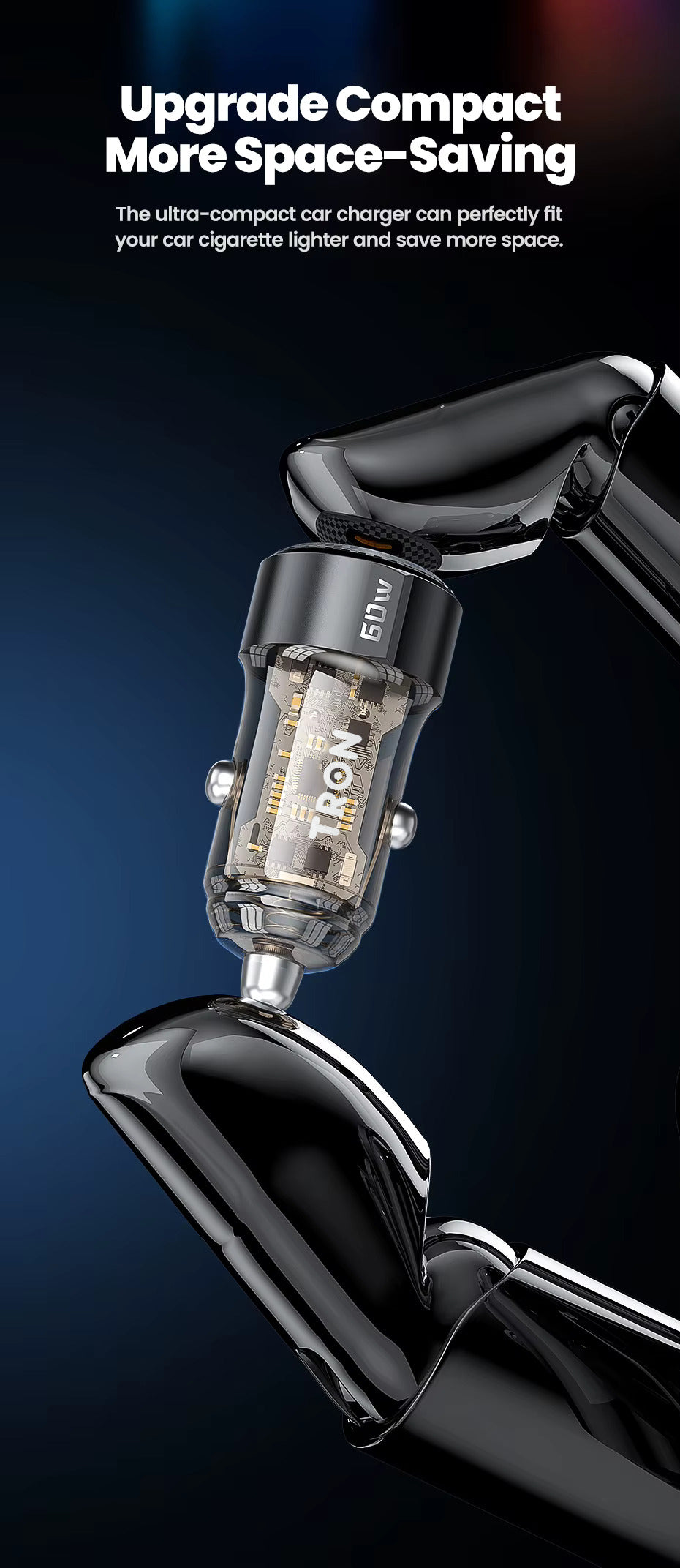 TRON 60W Dual-Port Car Charger — USB-C PD + USB-A QC, Fast Charging (view 4)