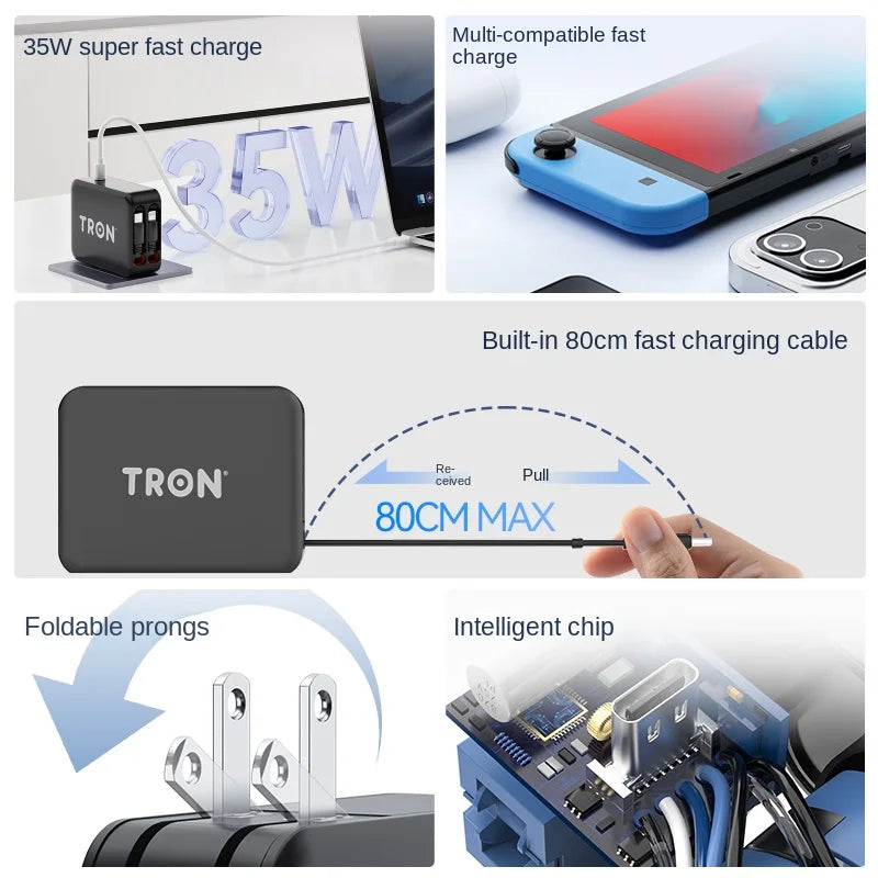 3-in-1 Fast Charging Wall Adapter with Built-in Cables (USB-C, Lightning, Micro)