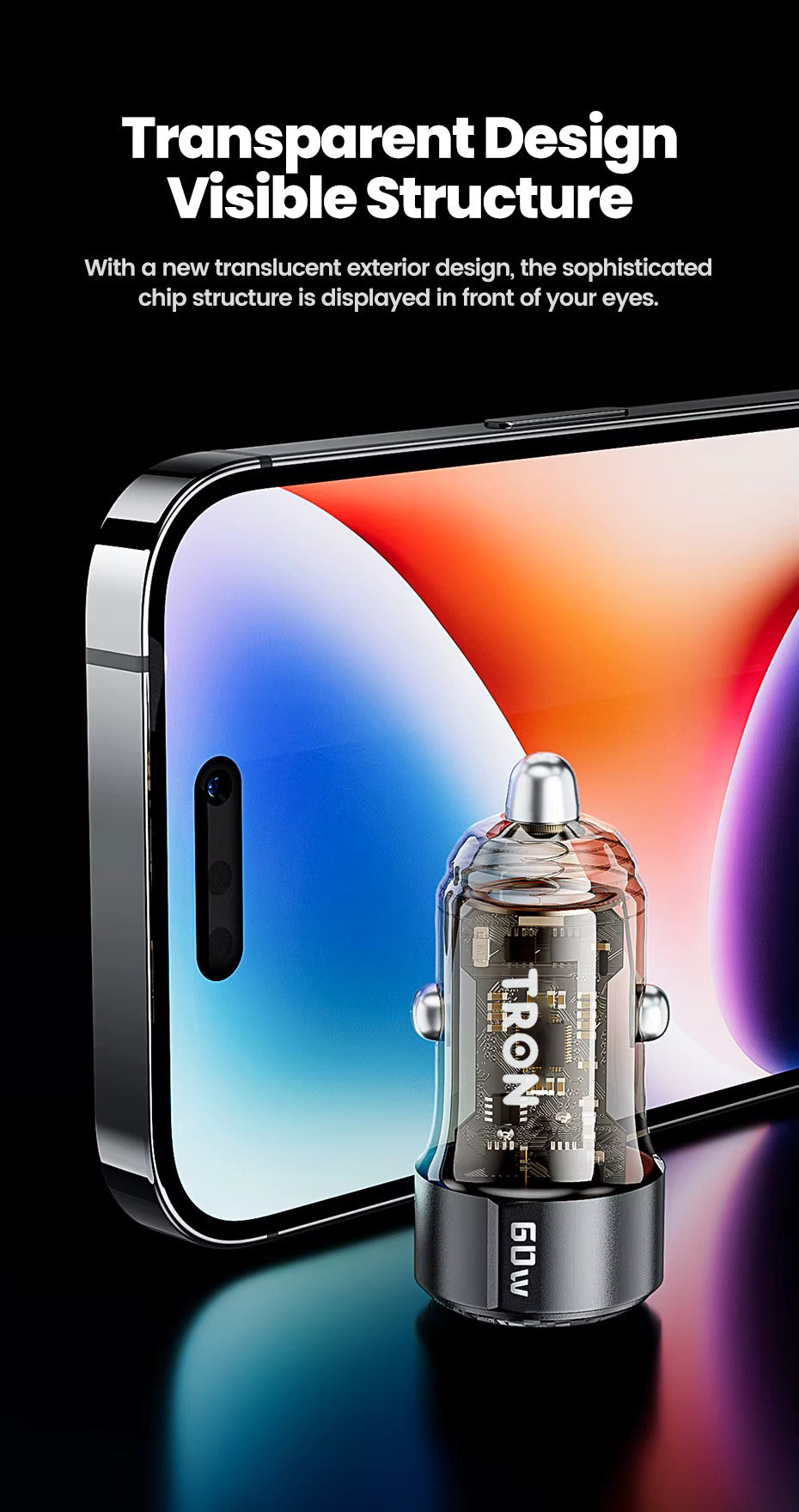 TRON 60W Dual-Port Car Charger — USB-C PD + USB-A QC, Fast Charging (view 2)