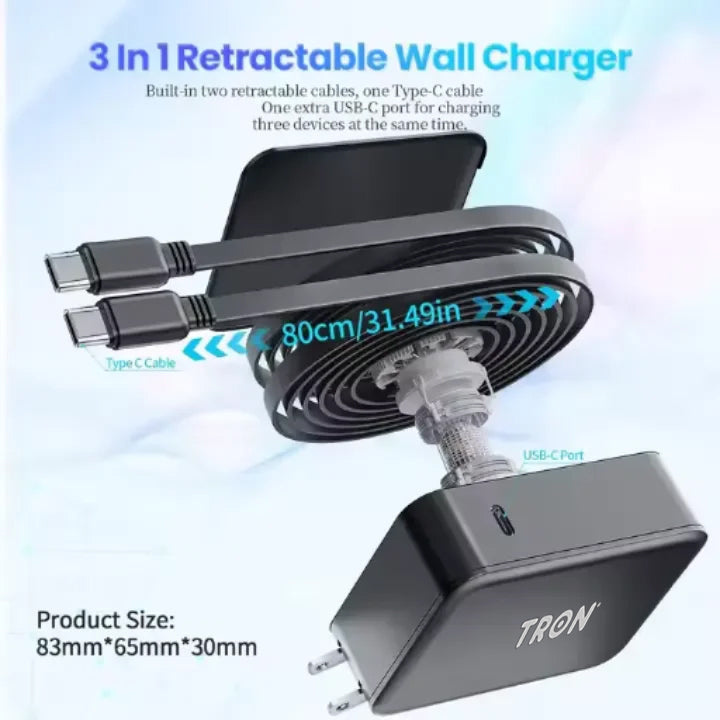 3-in-1 Fast Charging Wall Adapter with Built-in Cables (USB-C, Lightning, Micro)